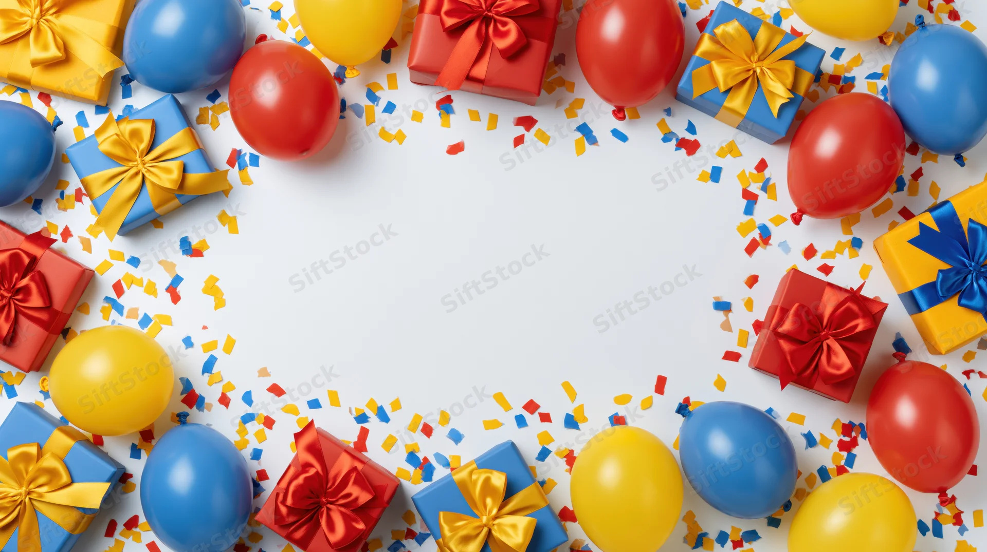 Colorful birthday balloons and gift boxes arranged in a circle with confetti on white background