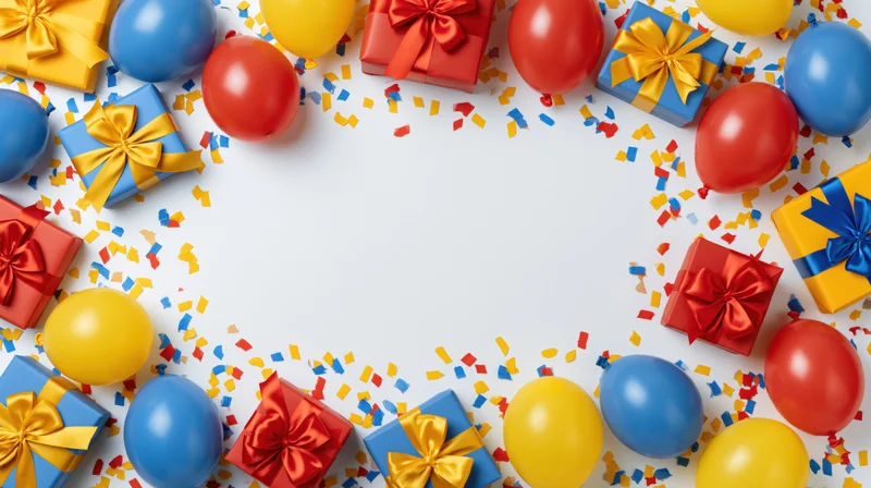 Colorful birthday balloons and gift boxes arranged in a circle with confetti on white background