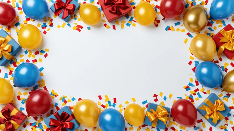 Colorful balloons and gift boxes arranged in a circle with confetti on white surface