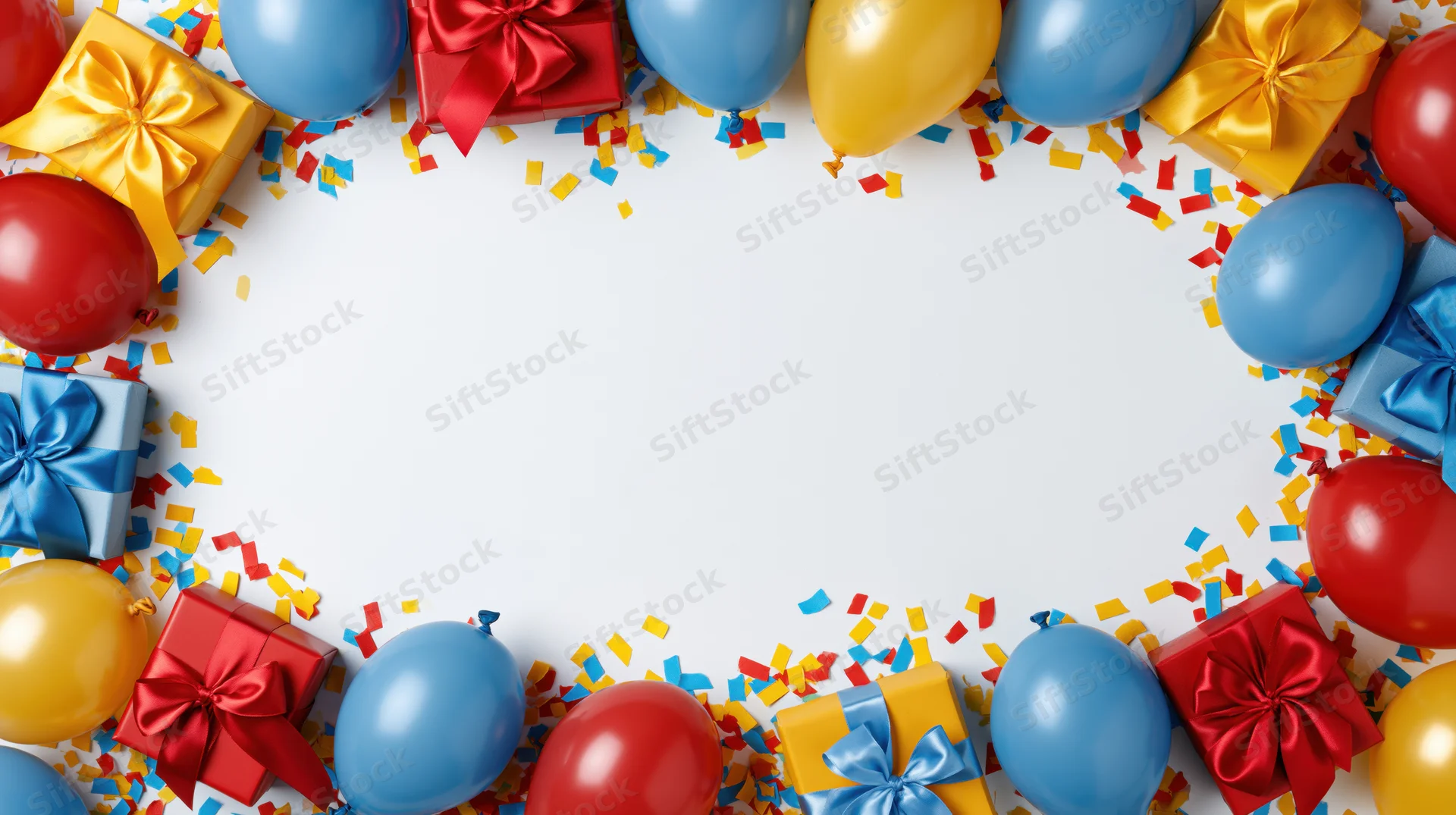 Colorful balloons and gift boxes arranged in a circle with confetti on white background