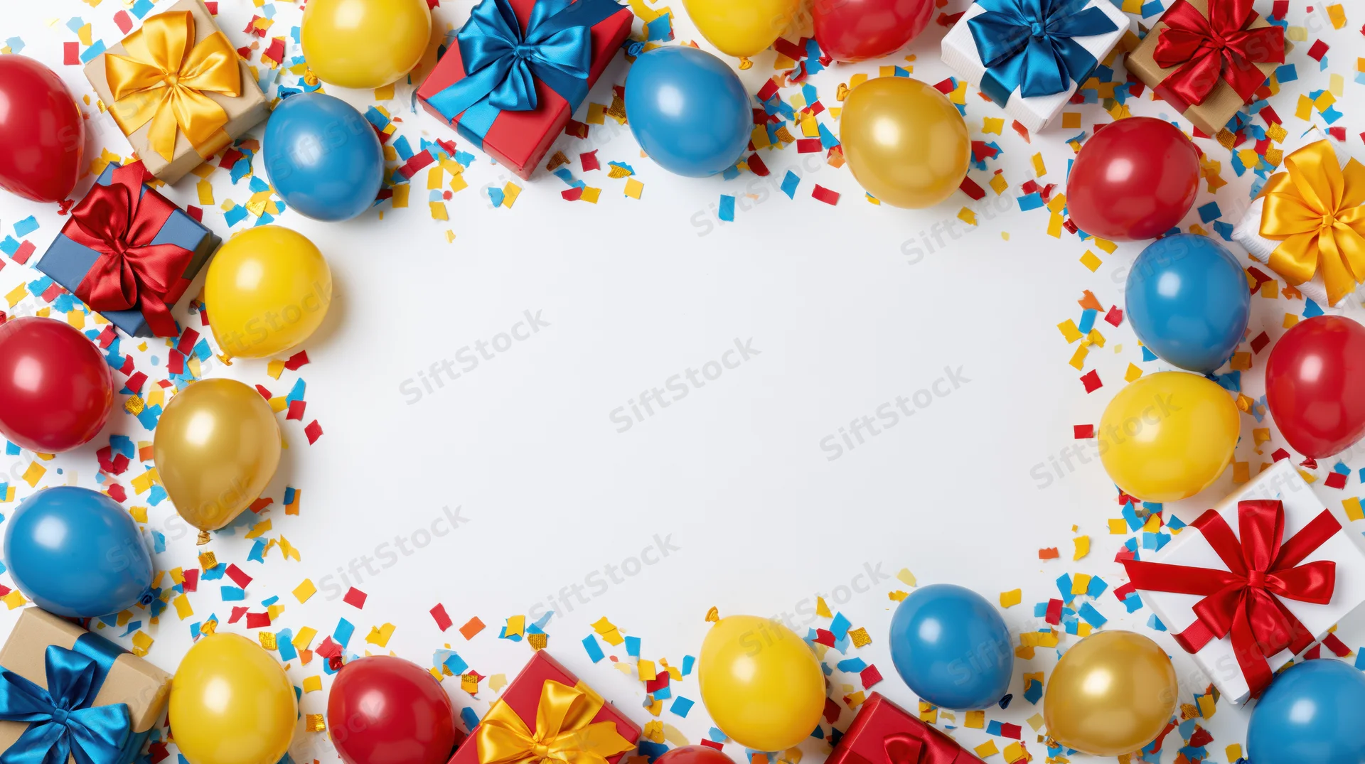 Colorful birthday balloons and gifts arranged in a frame around white copyspace
