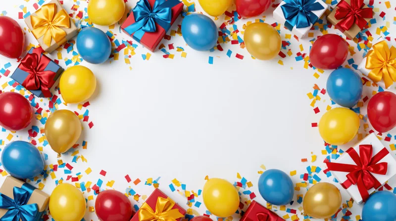 Colorful birthday balloons and gifts arranged in a frame around white copyspace