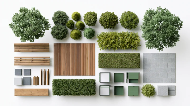 Top-down flat lay of landscape architecture design elements including trees, shrubs, hedges, wood decking, stone pavers, and planters on white background