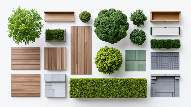 Top-down flat lay of landscape architecture design elements including trees, shrubs, hedges, wood decking, stone tiles, and pavers arranged on white background