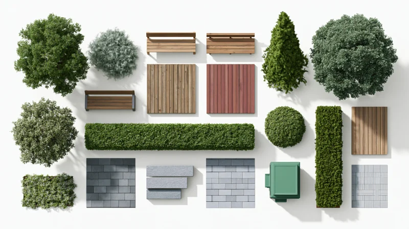 Top-down arrangement of landscape architecture design elements including trees, shrubs, benches, and paving materials on white background