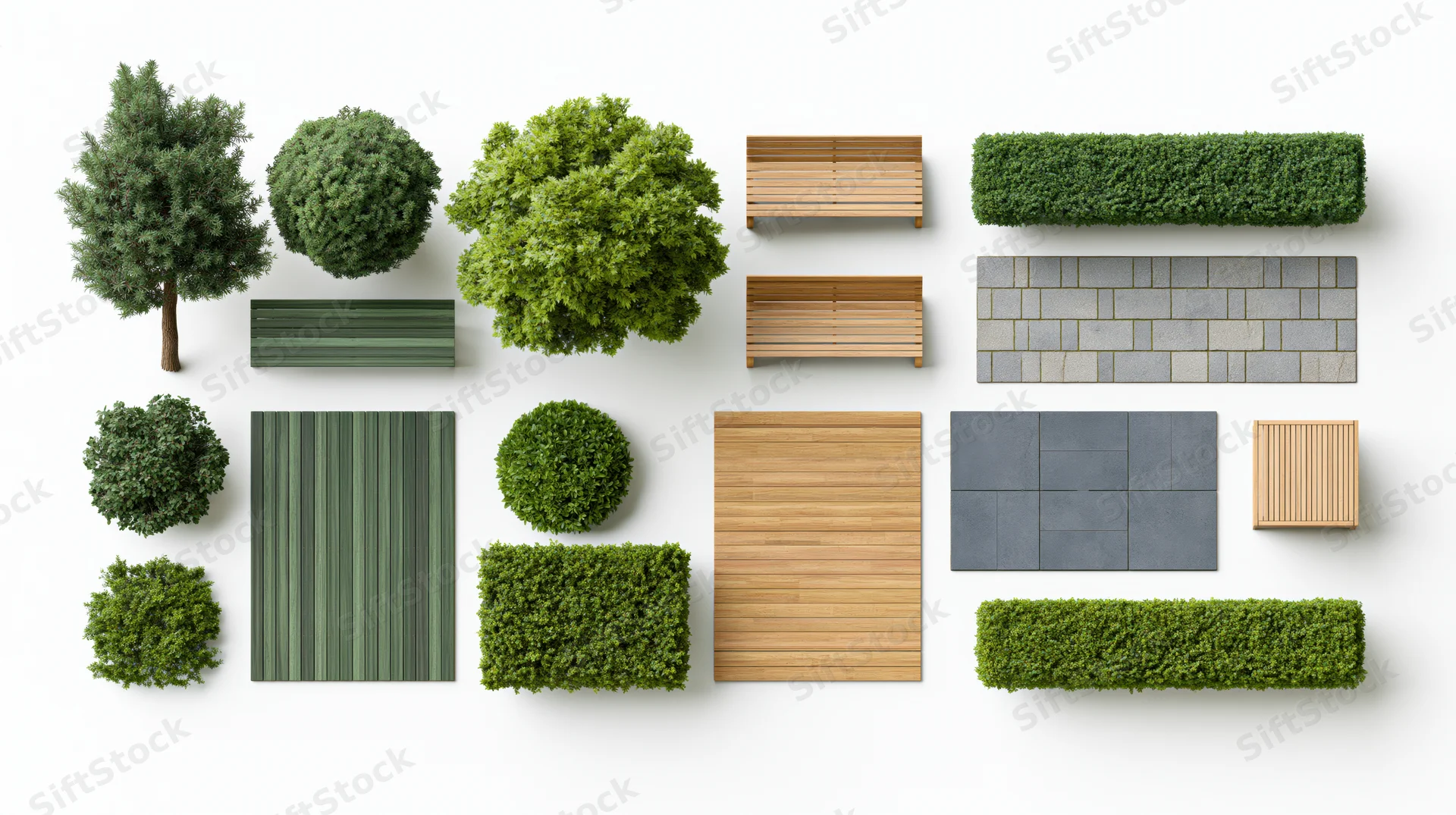 Top-down flat lay of landscape design elements including trees, shrubs, hedges, benches, paving, and decking on white background