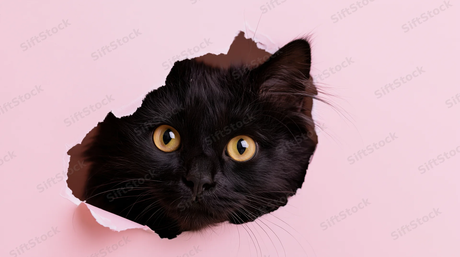 Black fluffy cat peeking through torn hole in pink paper background