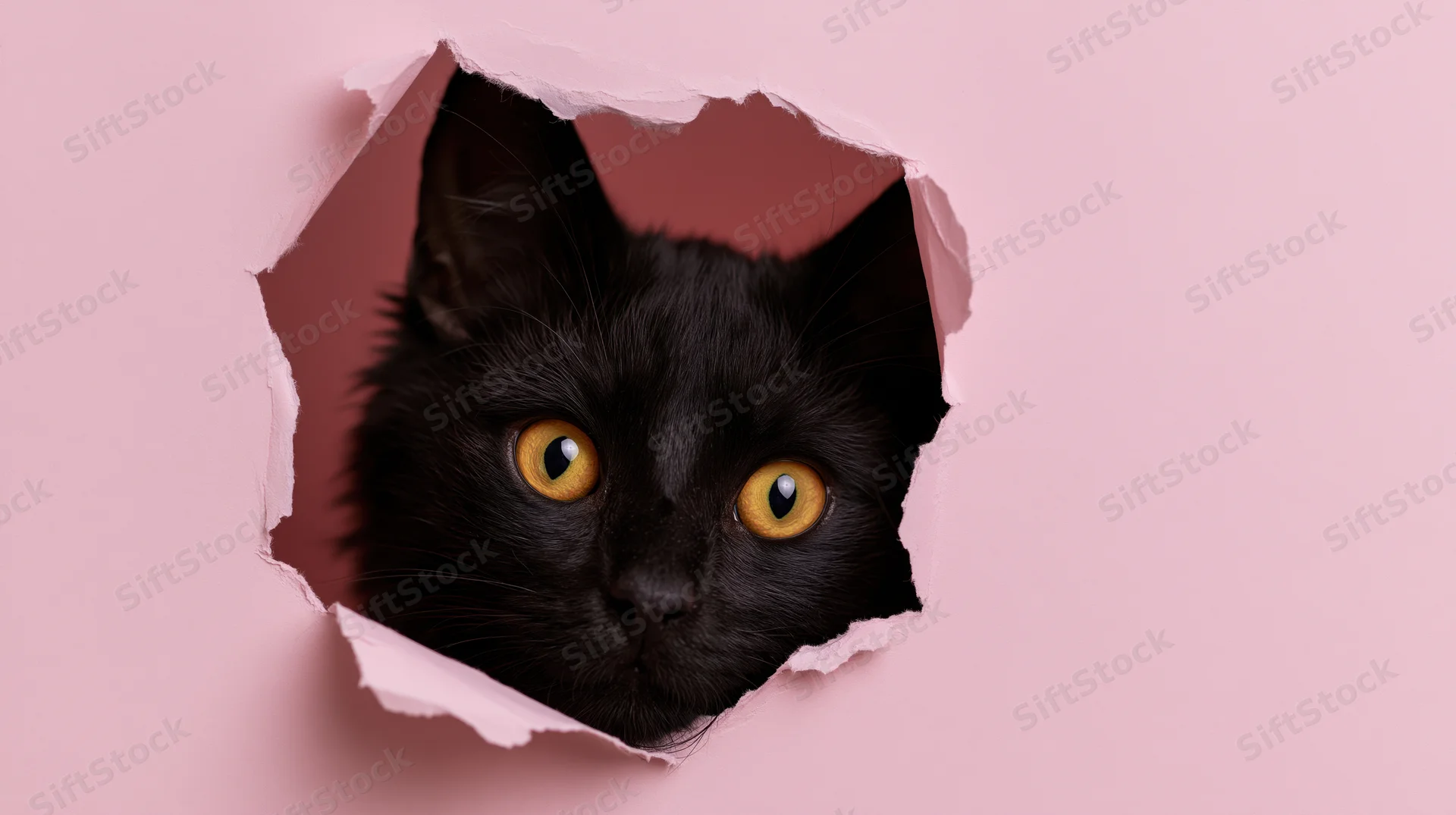 Black cat peeking through torn hole in pink paper background