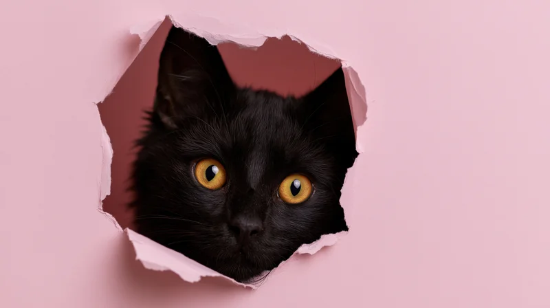 Black cat peeking through torn hole in pink paper background