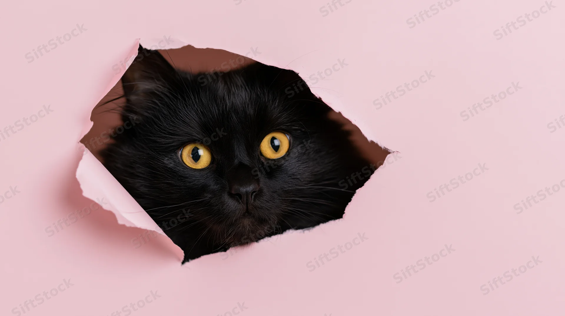 Black fluffy cat peeking through torn hole in pink paper
