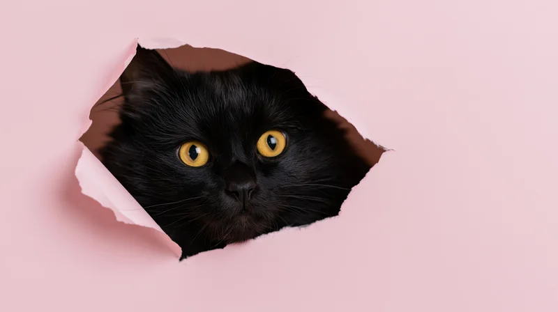 Black fluffy cat peeking through torn hole in pink paper