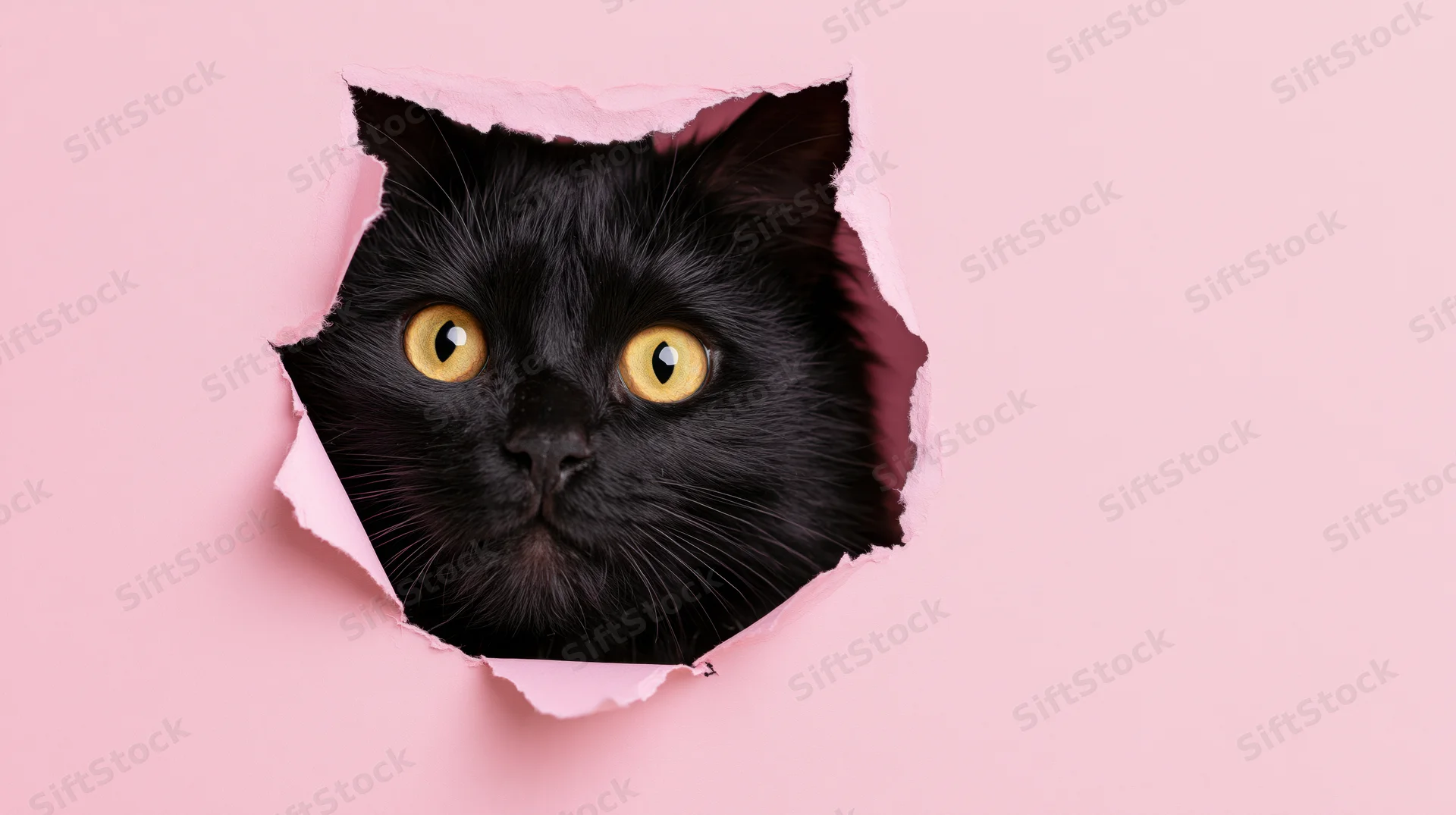 Black cat peeking through torn hole in pink paper background