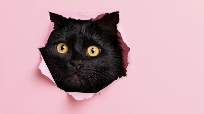 Black cat peeking through torn hole in pink paper background