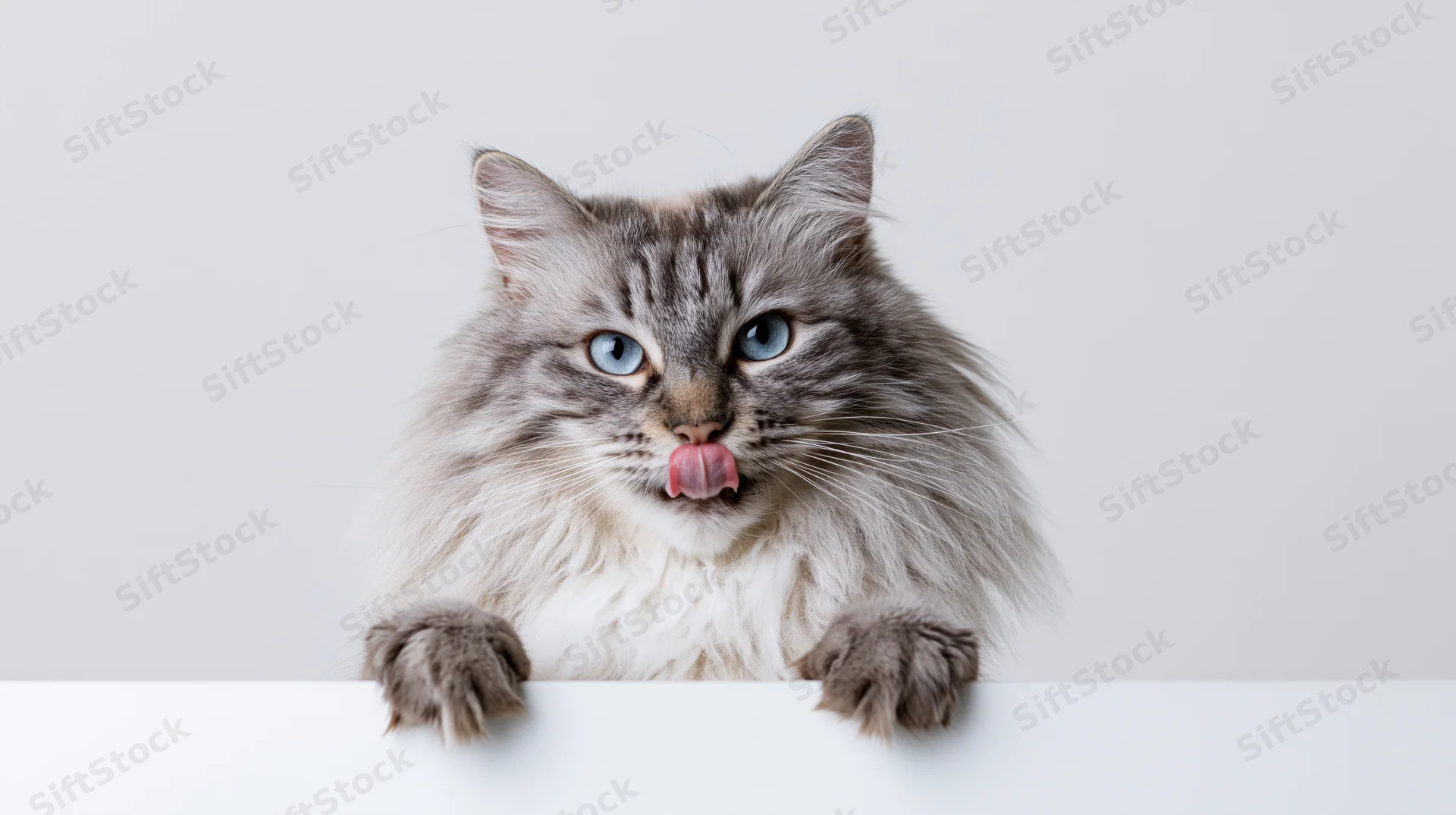 Fluffy silver tabby cat peeking over white surface with tongue out