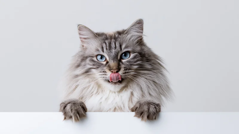 Fluffy silver tabby cat peeking over white surface with tongue out