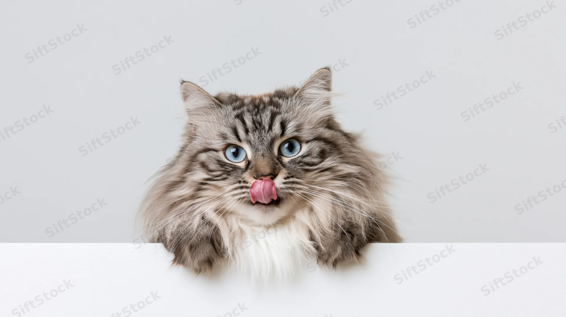Fluffy silver tabby cat peeking over white surface with tongue out
