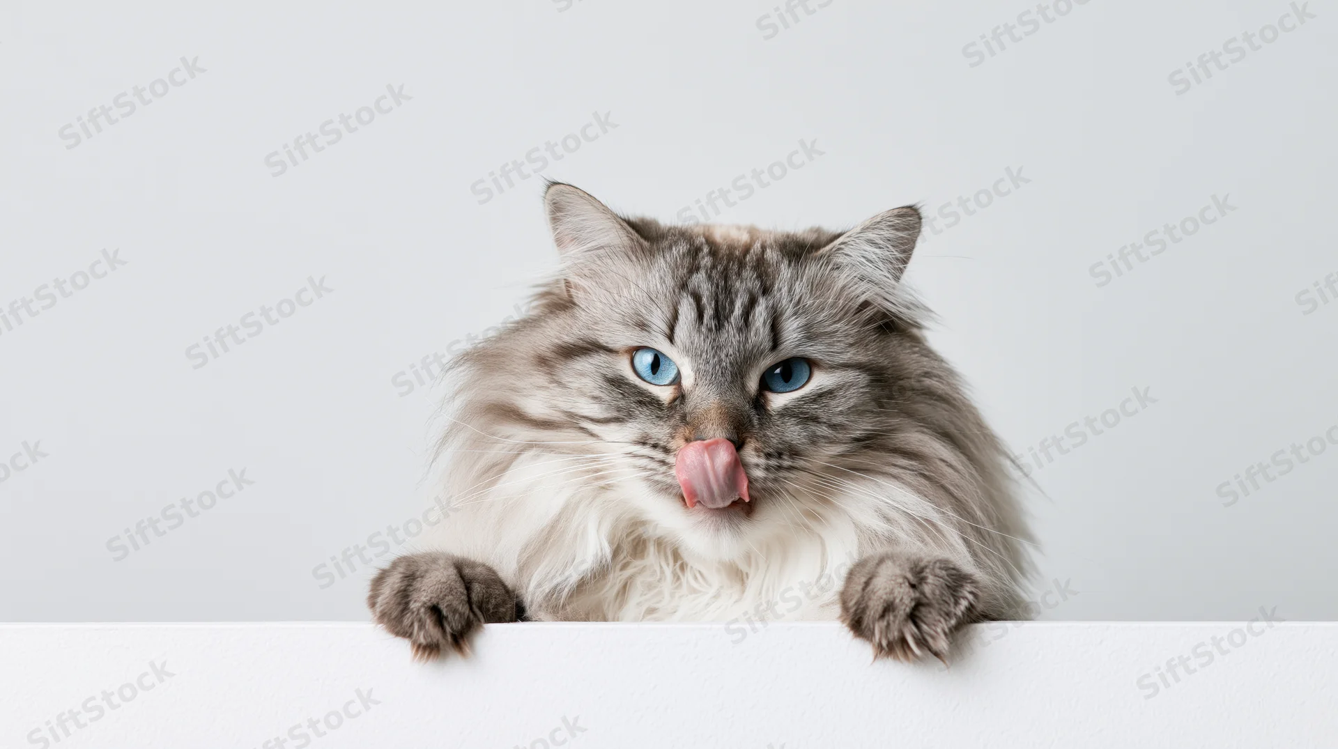 Fluffy silver tabby cat peeking over white surface with tongue out