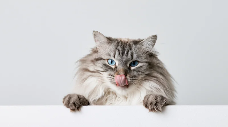 Fluffy silver tabby cat peeking over white surface with tongue out