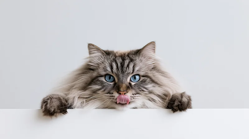 Fluffy silver tabby cat peeking over white surface with tongue out