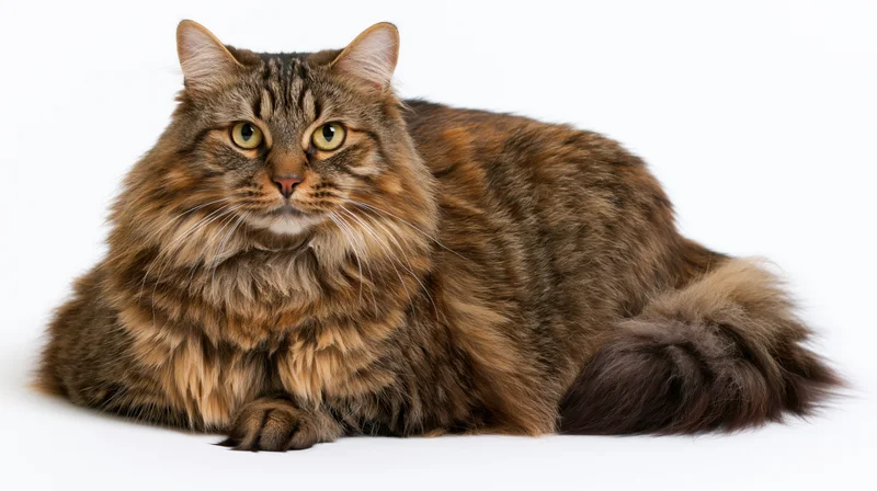 Fluffy tabby cat lying in loaf position on white background