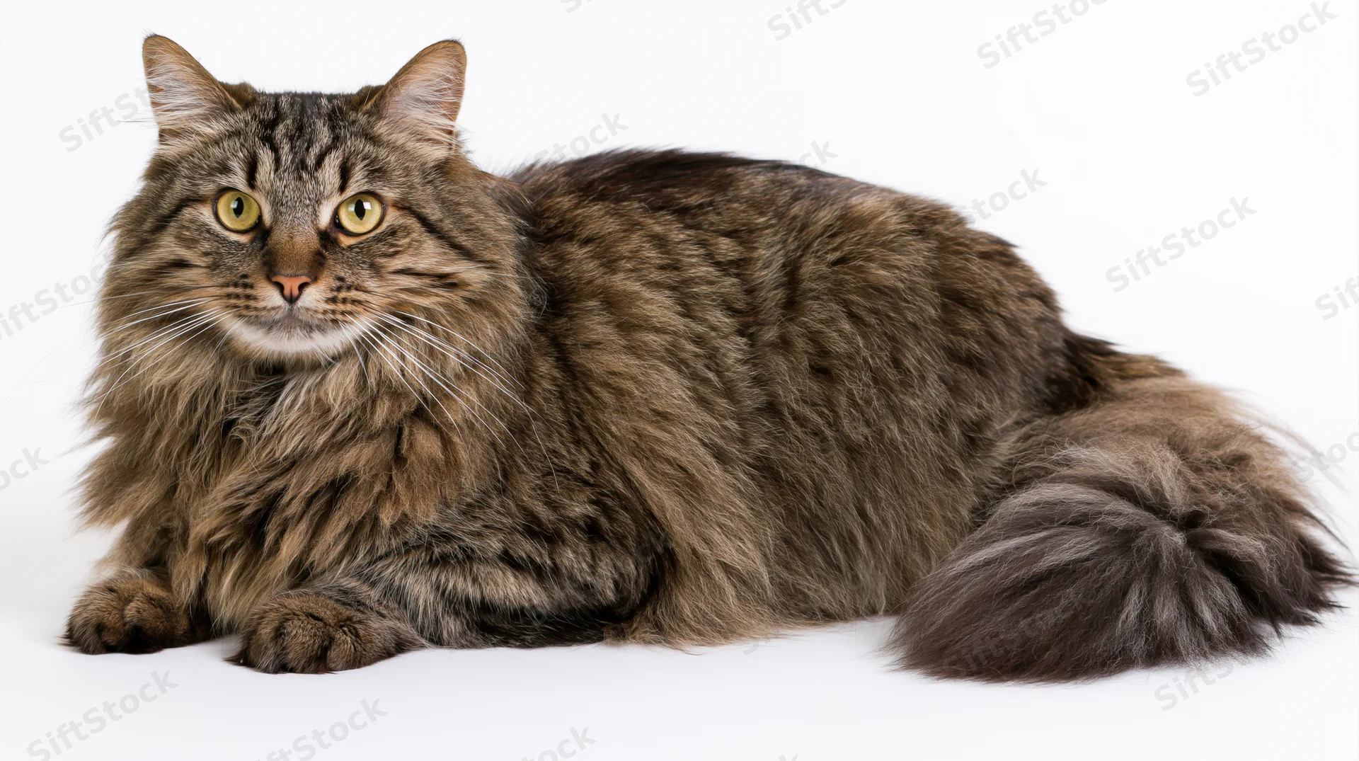 Fluffy tabby cat lying in loaf position on white background