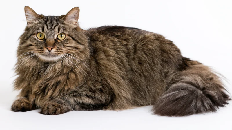 Fluffy tabby cat lying in loaf position on white background