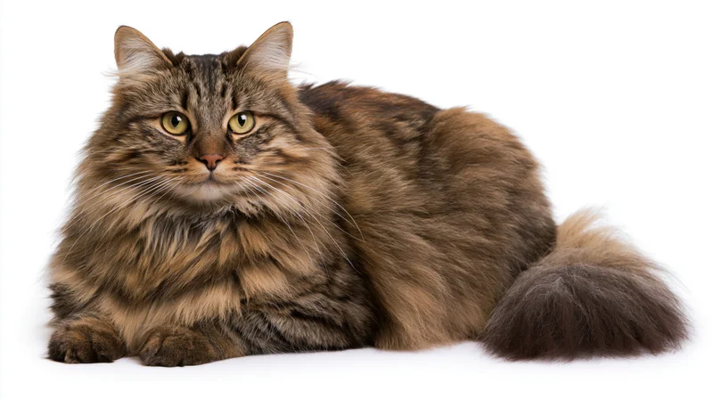 Fluffy tabby cat lying in loaf position on white background