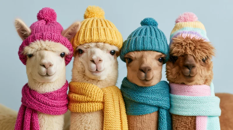 Four alpacas wearing colorful knit winter hats and scarves standing in a row against a light blue background