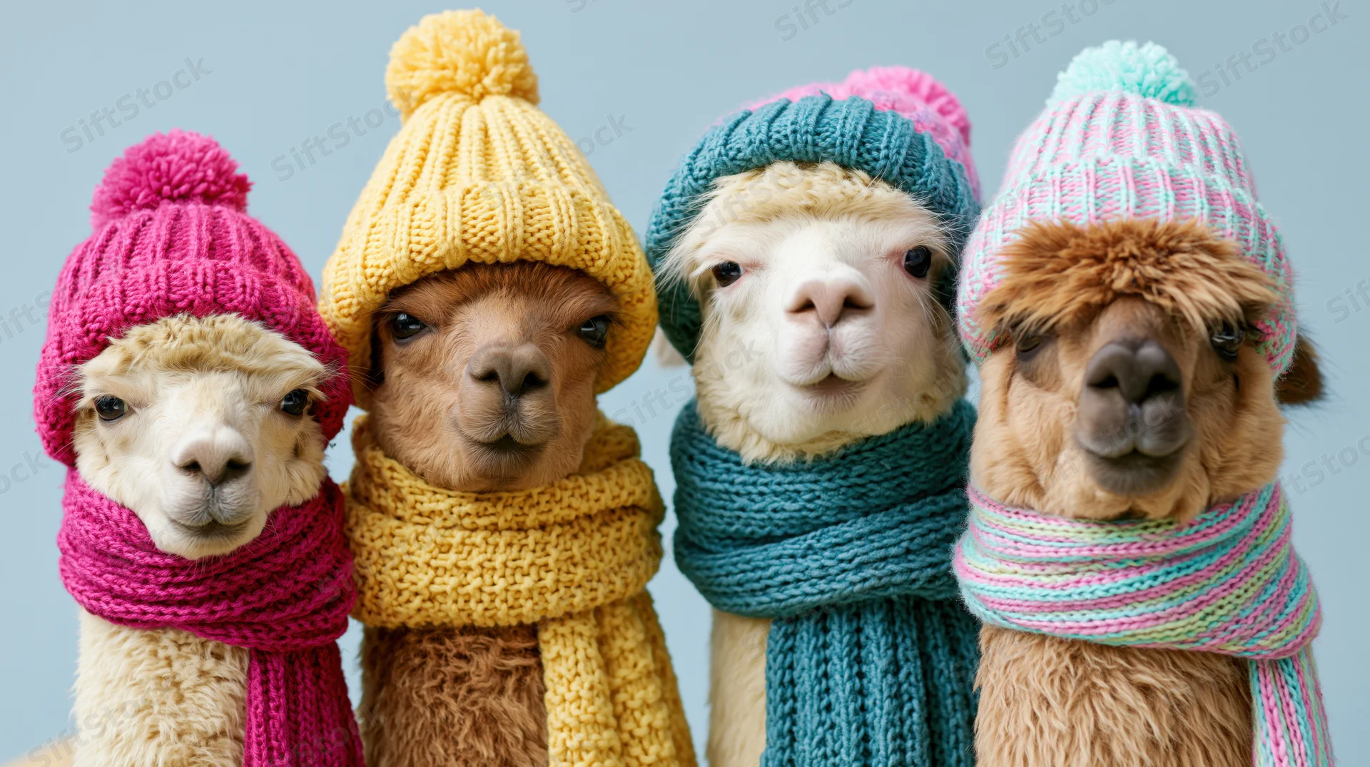 Four alpacas wearing colorful knit winter hats and scarves standing together against a light blue background