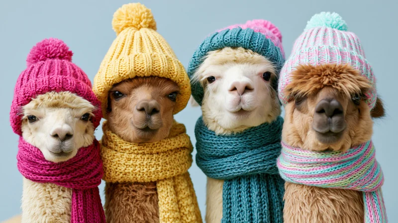 Four alpacas wearing colorful knit winter hats and scarves standing together against a light blue background