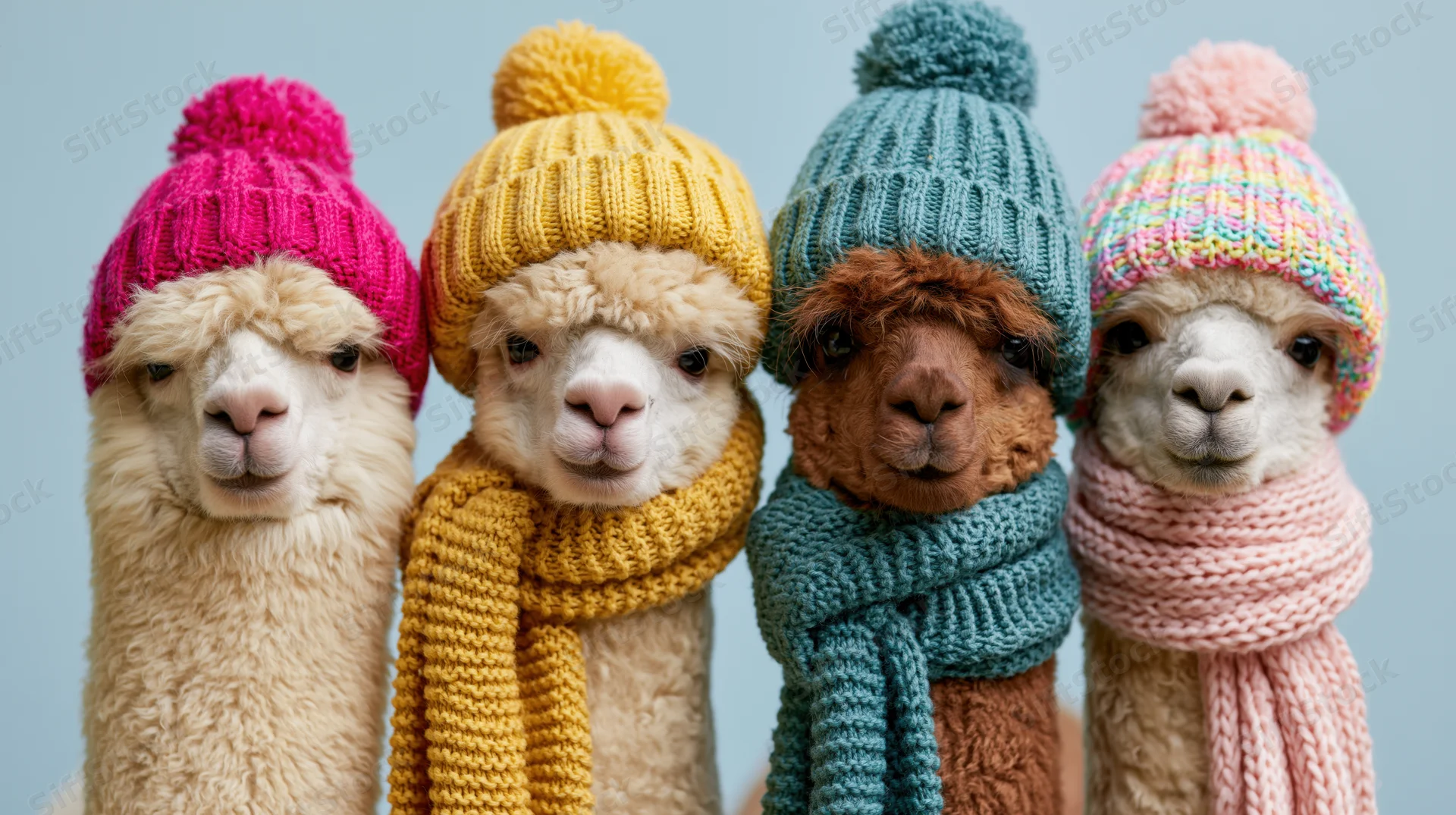 Four alpacas wearing colorful knit hats and scarves in a studio portrait