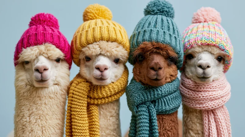 Four alpacas wearing colorful knit hats and scarves in a studio portrait