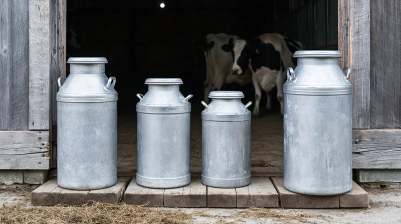 Four aluminum milk churns of varying heights lined up on wooden blocks outside a barn with cows visible inside