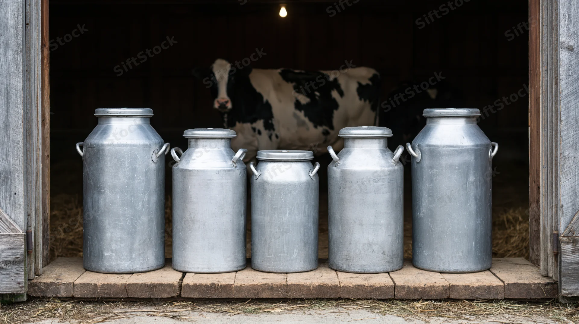 Five aluminum milk churns lined up on a stone step in front of a barn doorway with a cow visible inside
