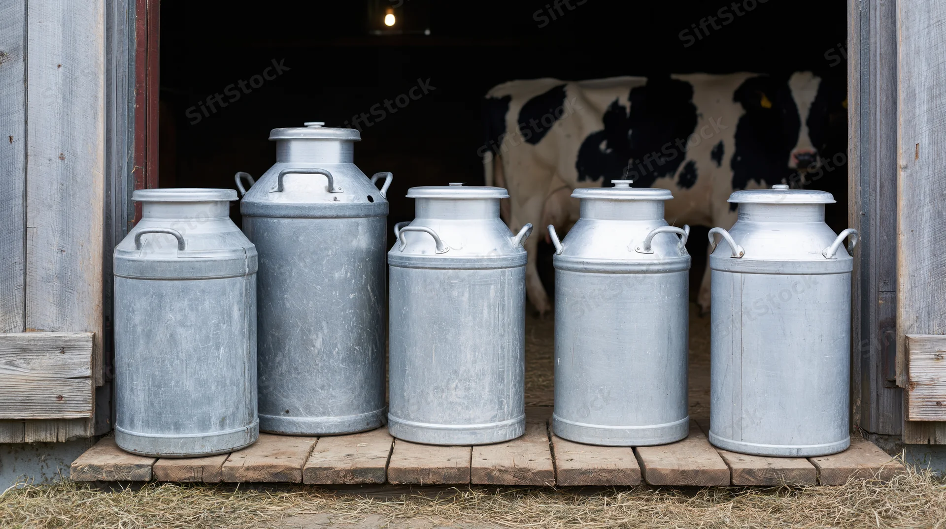 Five aluminum milk churns lined up on a wooden platform outside a barn with a cow visible inside
