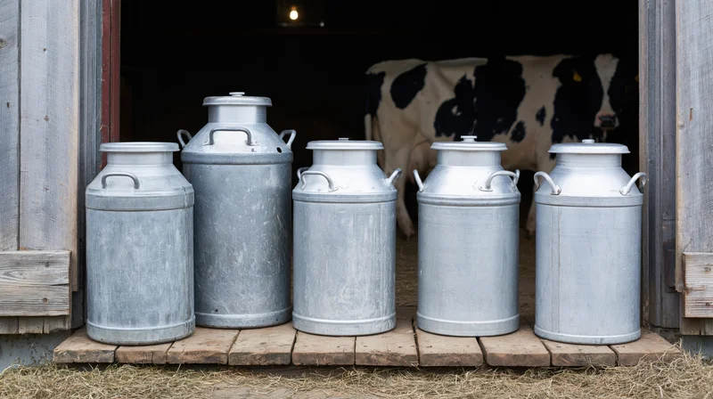 Five aluminum milk churns lined up on a wooden platform outside a barn with a cow visible inside