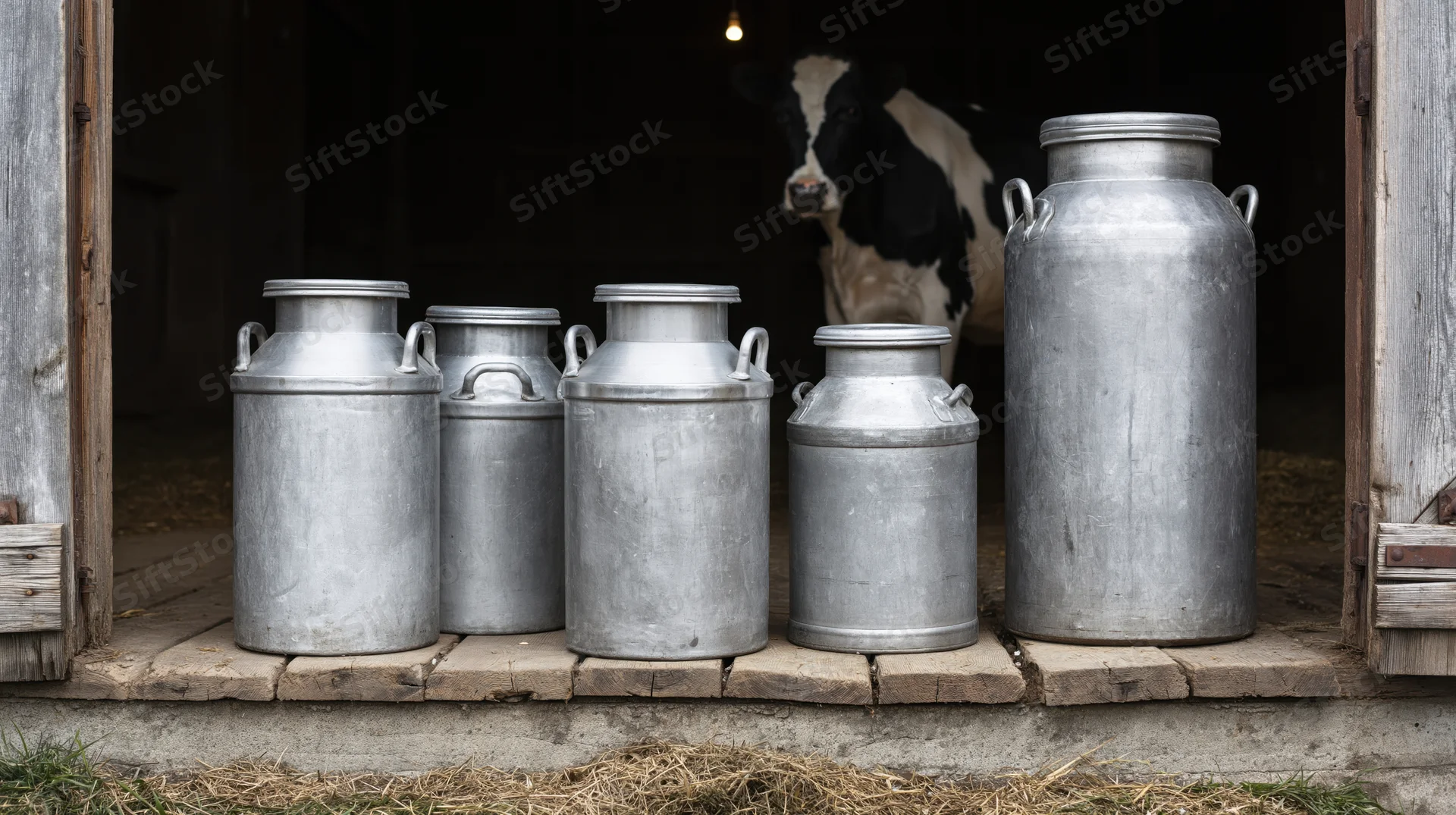Five aluminum milk churns lined up on a stone step outside a barn with a black and white cow visible inside