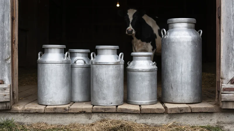 Five aluminum milk churns lined up on a stone step outside a barn with a black and white cow visible inside