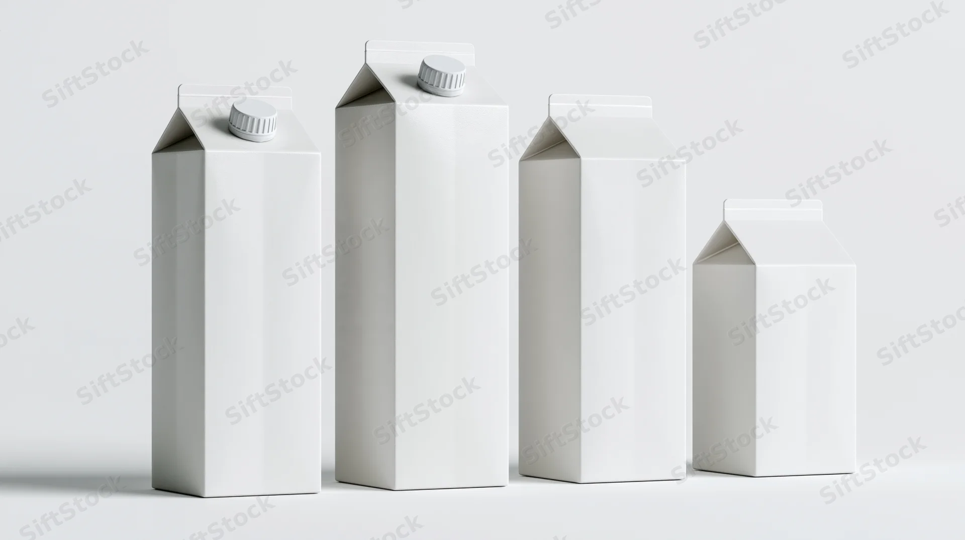 Four blank white beverage cartons arranged in a row on a plain white surface