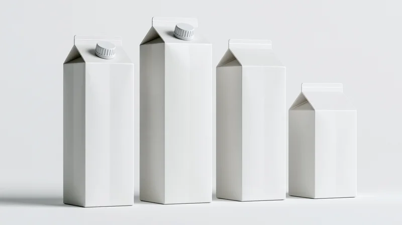 Four blank white beverage cartons arranged in a row on a plain white surface