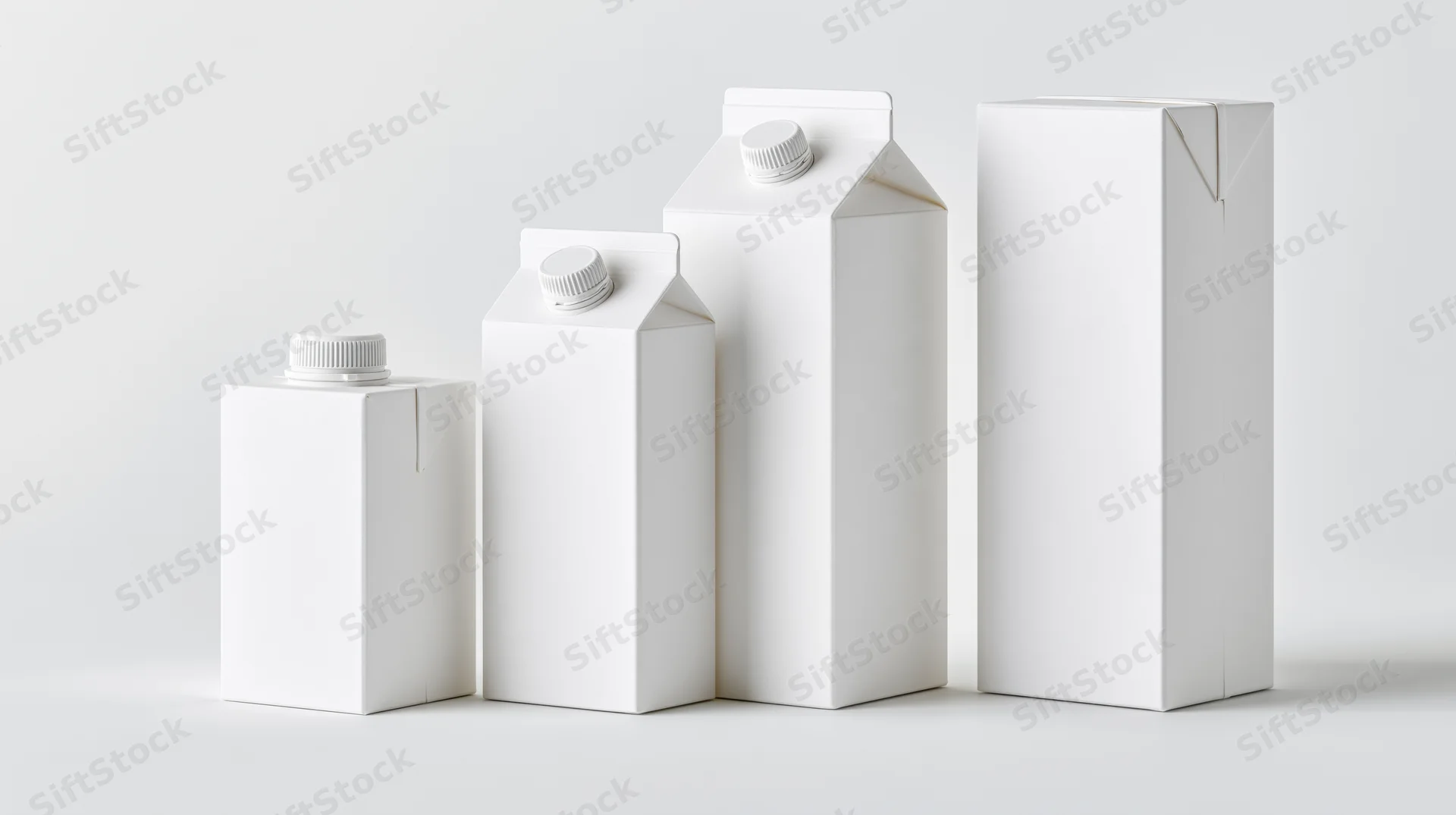Four blank white beverage cartons arranged in a row by descending size on a white surface
