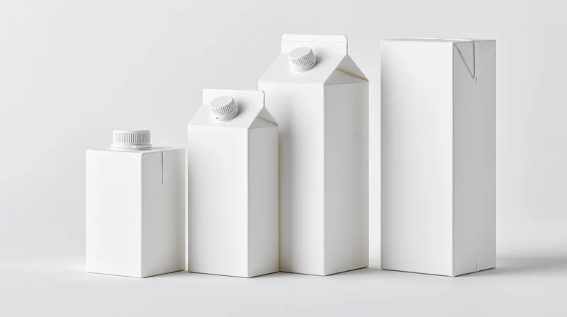 Four blank white beverage cartons arranged in a row by descending size on a white surface