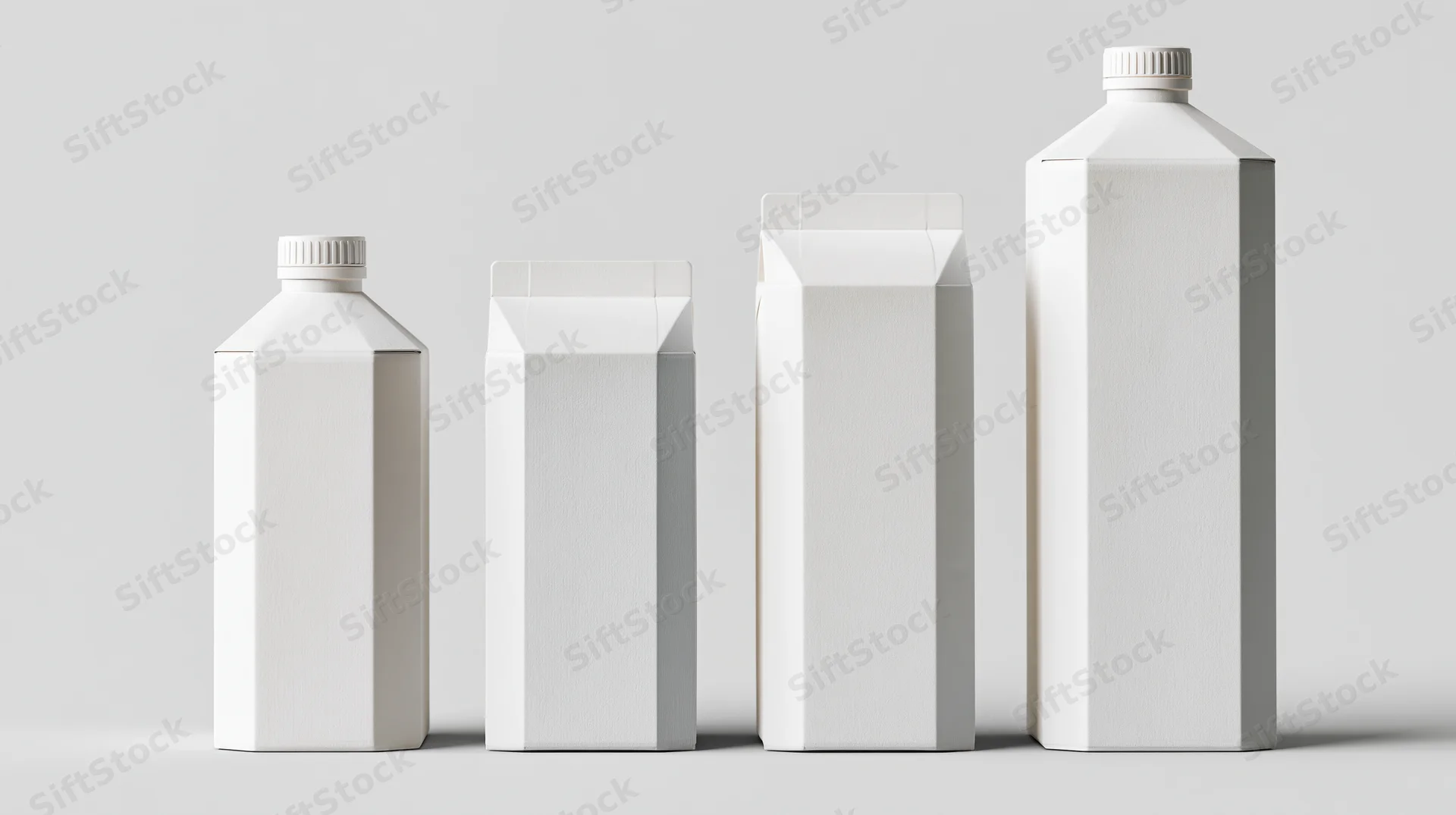 Four blank white beverage cartons arranged in a row by size on a plain surface