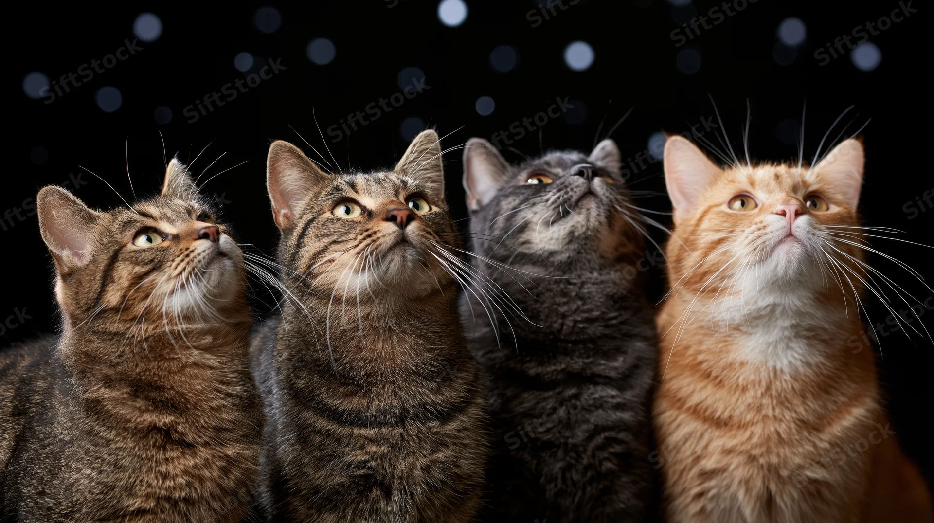 Four cats gazing upward in a row against a dark background with bokeh lights