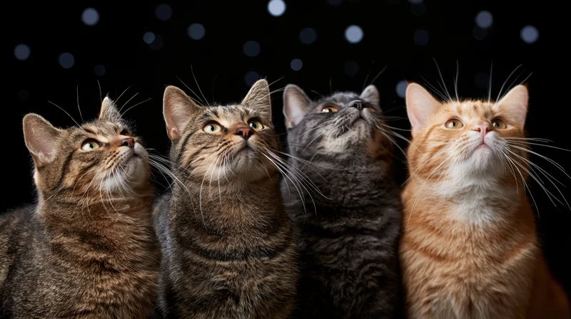 Four cats gazing upward in a row against a dark background with bokeh lights