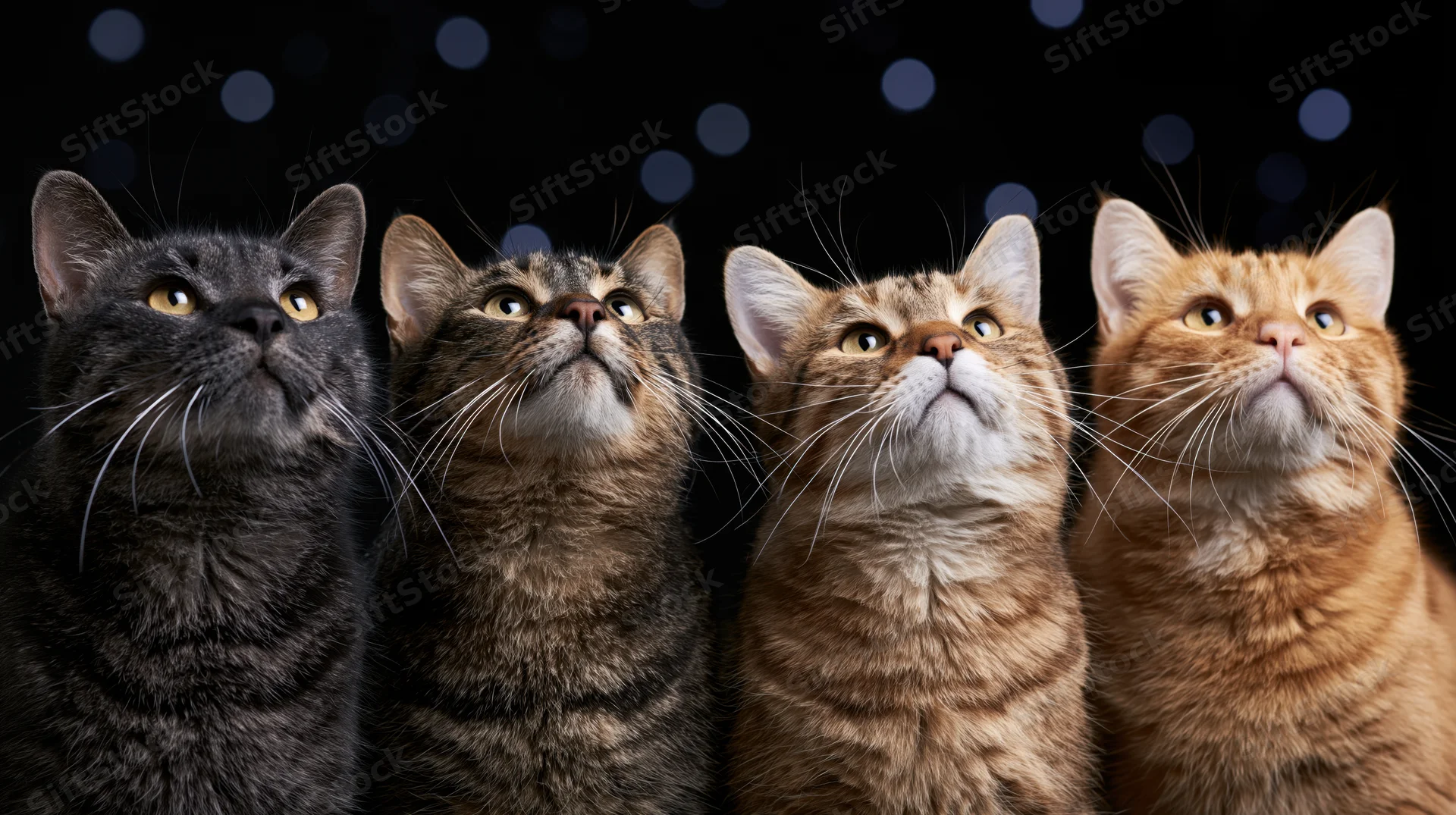 Four cats sitting side by side gazing upward with curious expressions against a dark bokeh background