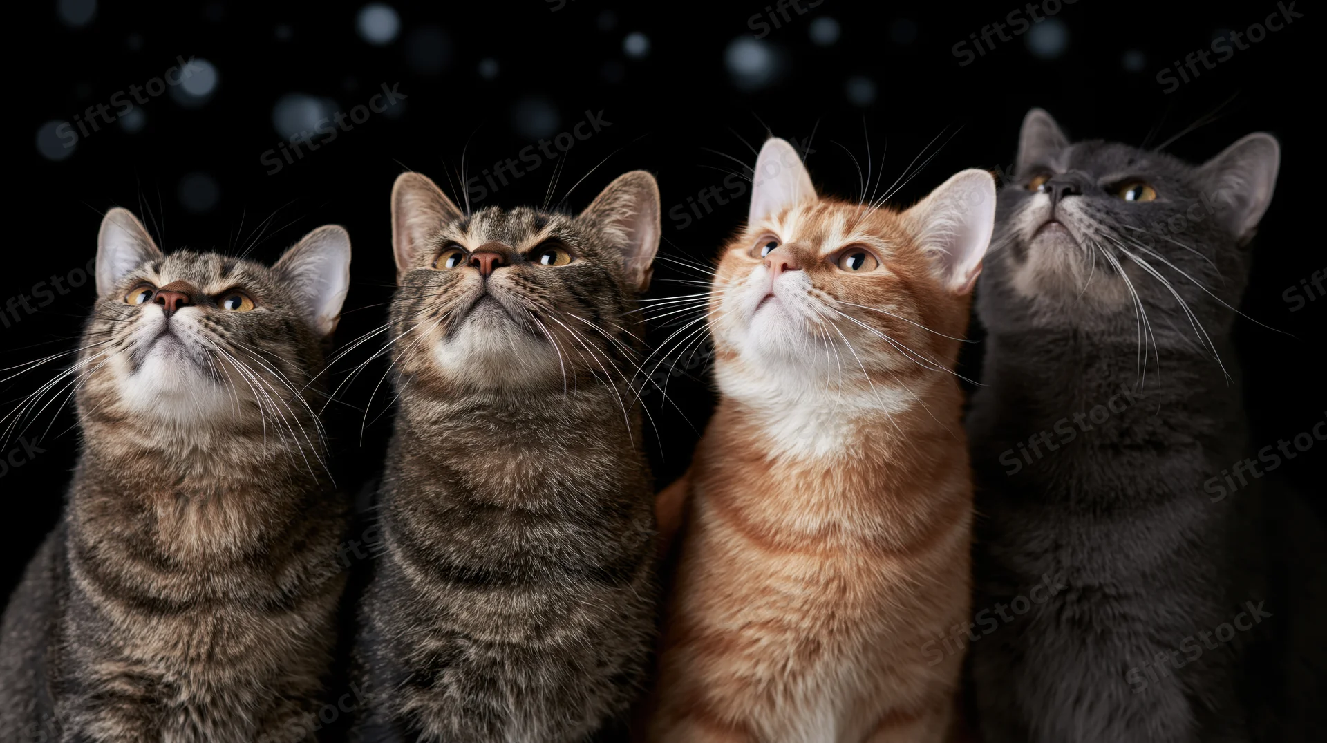 Four cats sitting side by side gazing upward against a dark background with bokeh lights