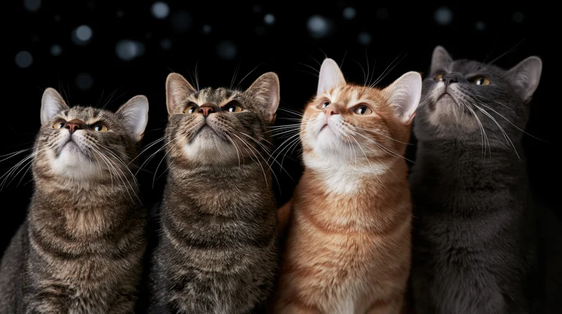 Four cats sitting side by side gazing upward against a dark background with bokeh lights