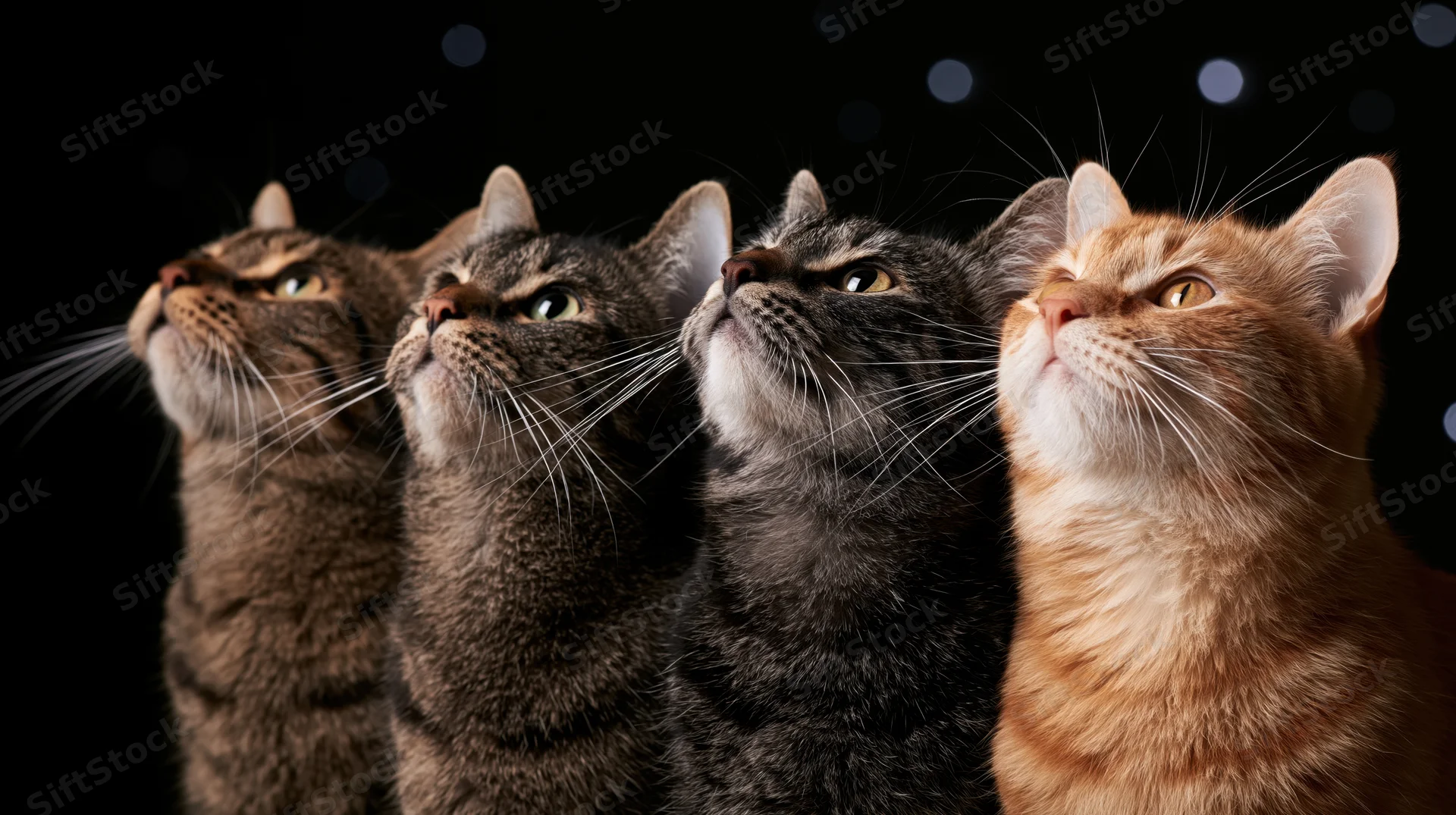 Four cats sitting side by side gazing upward in a studio portrait against a black background with bokeh lights