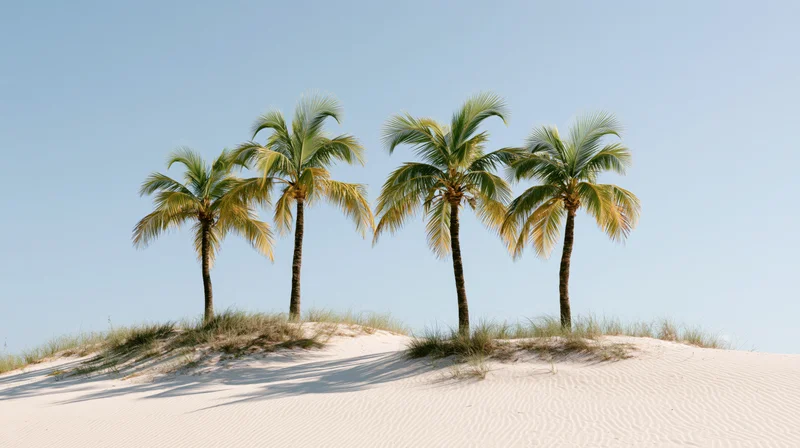 Four coconut palm trees standing on a white sand dune under a clear blue sky